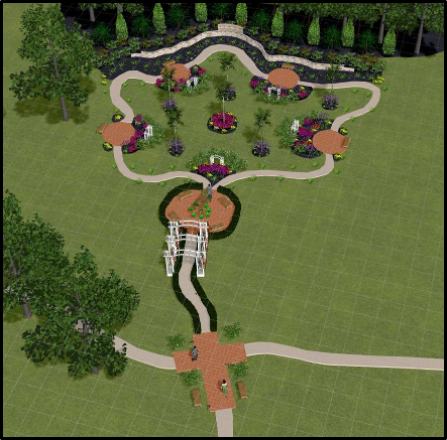 Overhead plan of the shrine garden showing paths, arbors, and planting beds